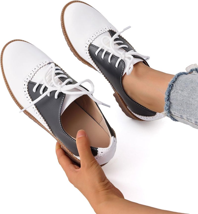 mikarka Vintage Oxford Shoes for Women Perforated Wingtips Brogue Oxfords Low Chunky Heel Lace Up Saddles Dress Pumps Shoes - Image 2